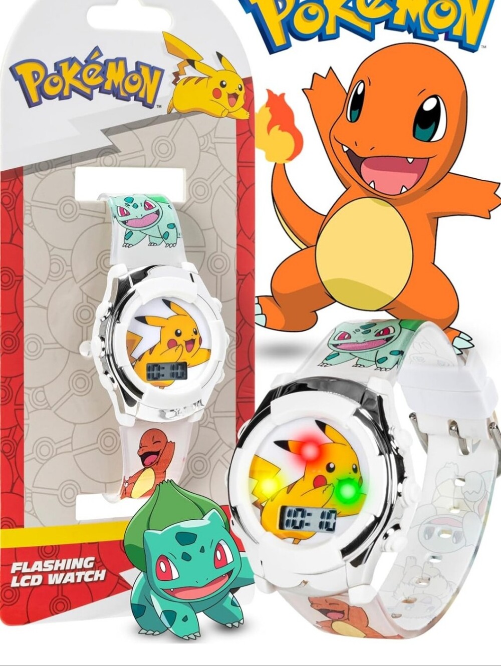 Kids Flashing LCD Watch - White with Pikachu, Bulbasaur & Charmander